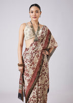 Cream Block Print Saree with Unstitched Blouse