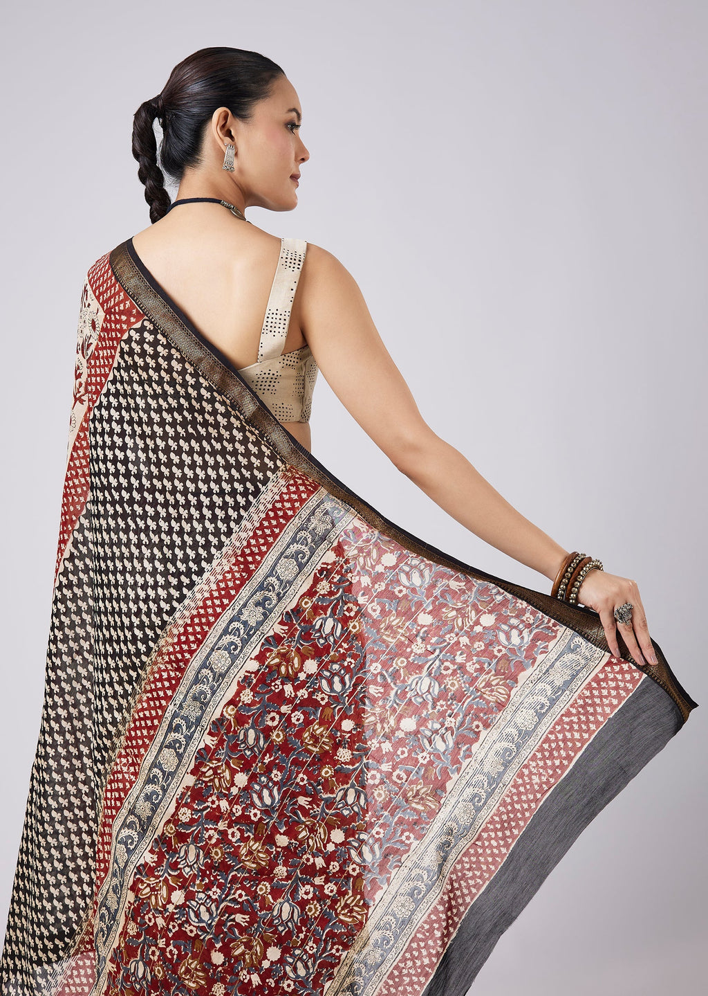 Cream Block Print Saree with Unstitched Blouse