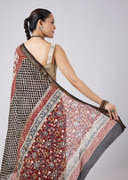 Cream Block Print Saree with Unstitched Blouse
