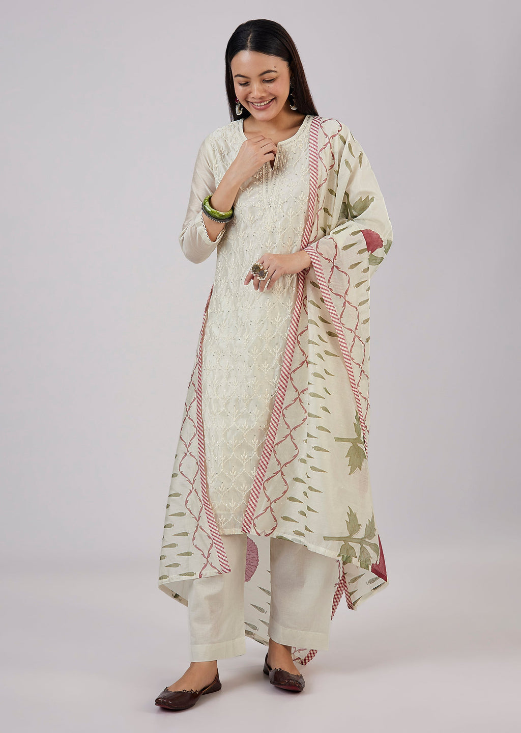 Cream Chanderi Kurta Set With Embellished Work
