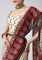 Cream Colorblock Printed Saree with Unstitched Blouse