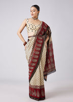 Cream Colorblock Printed Saree with Unstitched Blouse