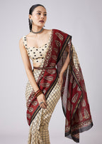 Cream Colorblock Printed Saree with Unstitched Blouse