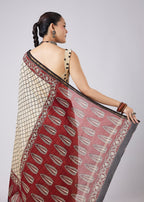 Cream Colorblock Printed Saree with Unstitched Blouse