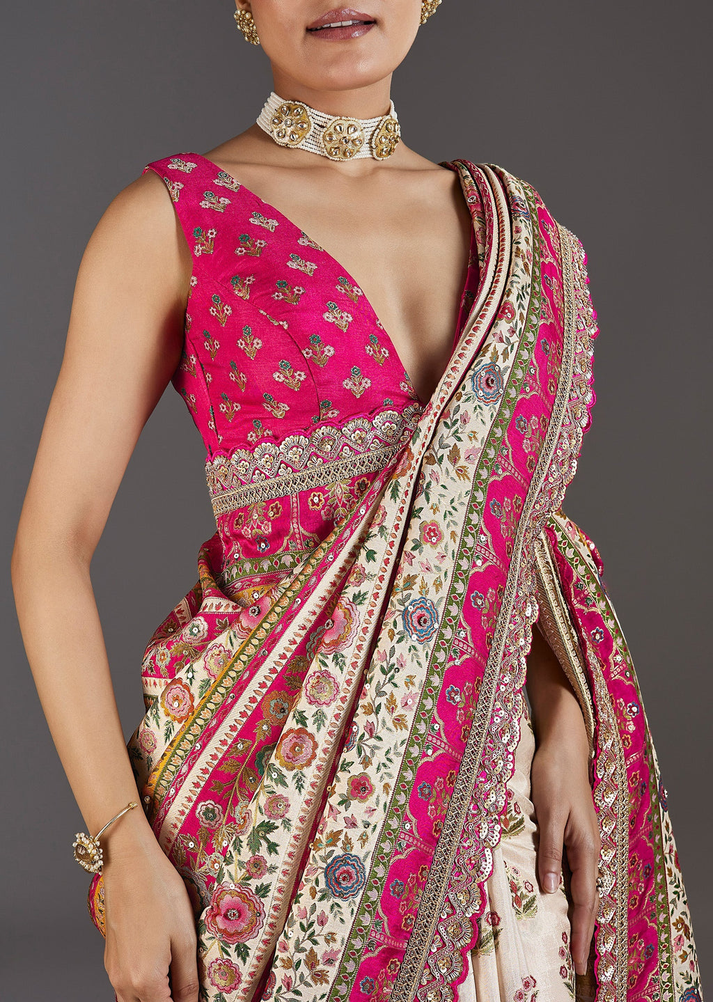 Cream Dola Silk Floral Printed Saree