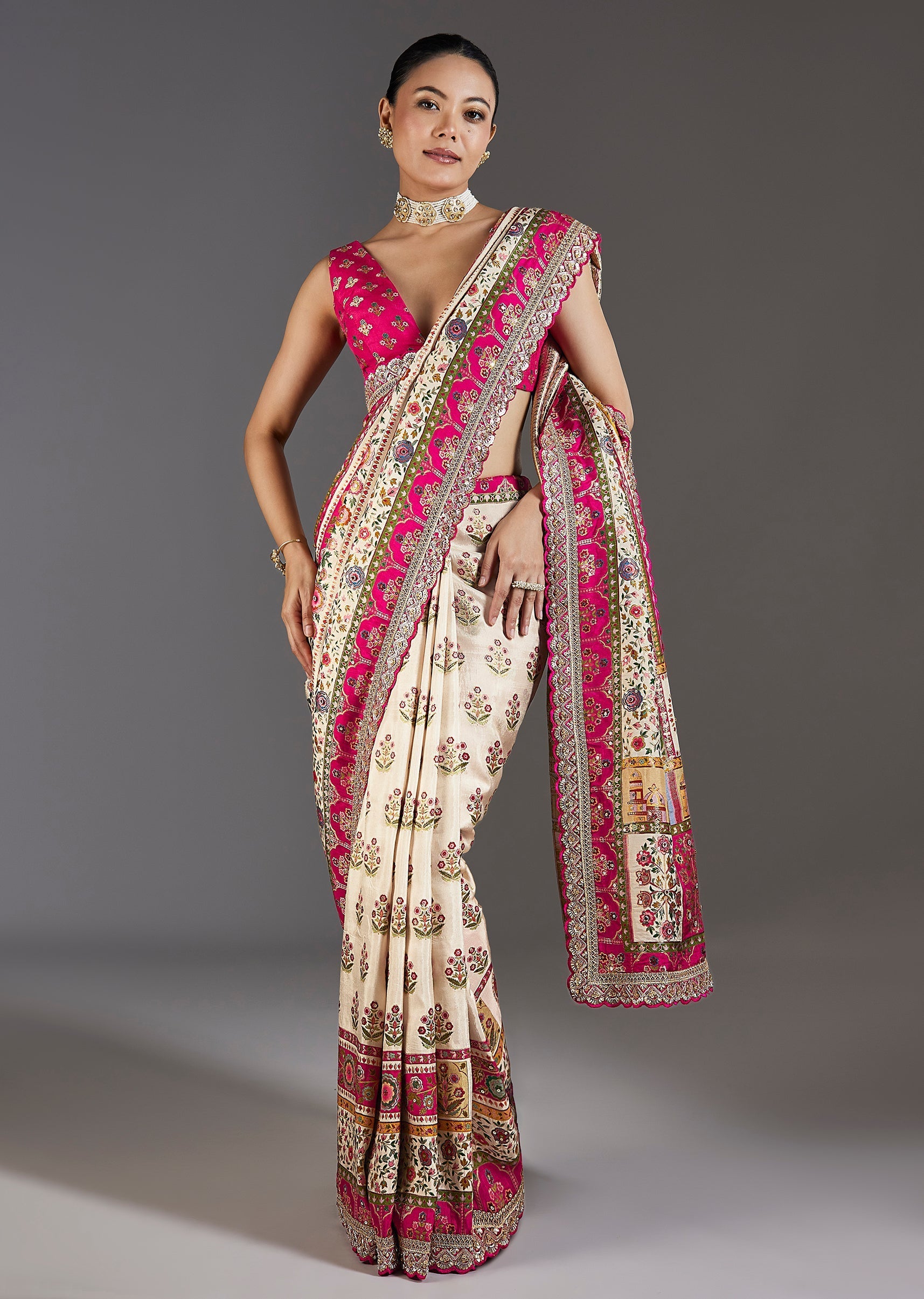 Cream Dola Silk Floral Printed Saree
