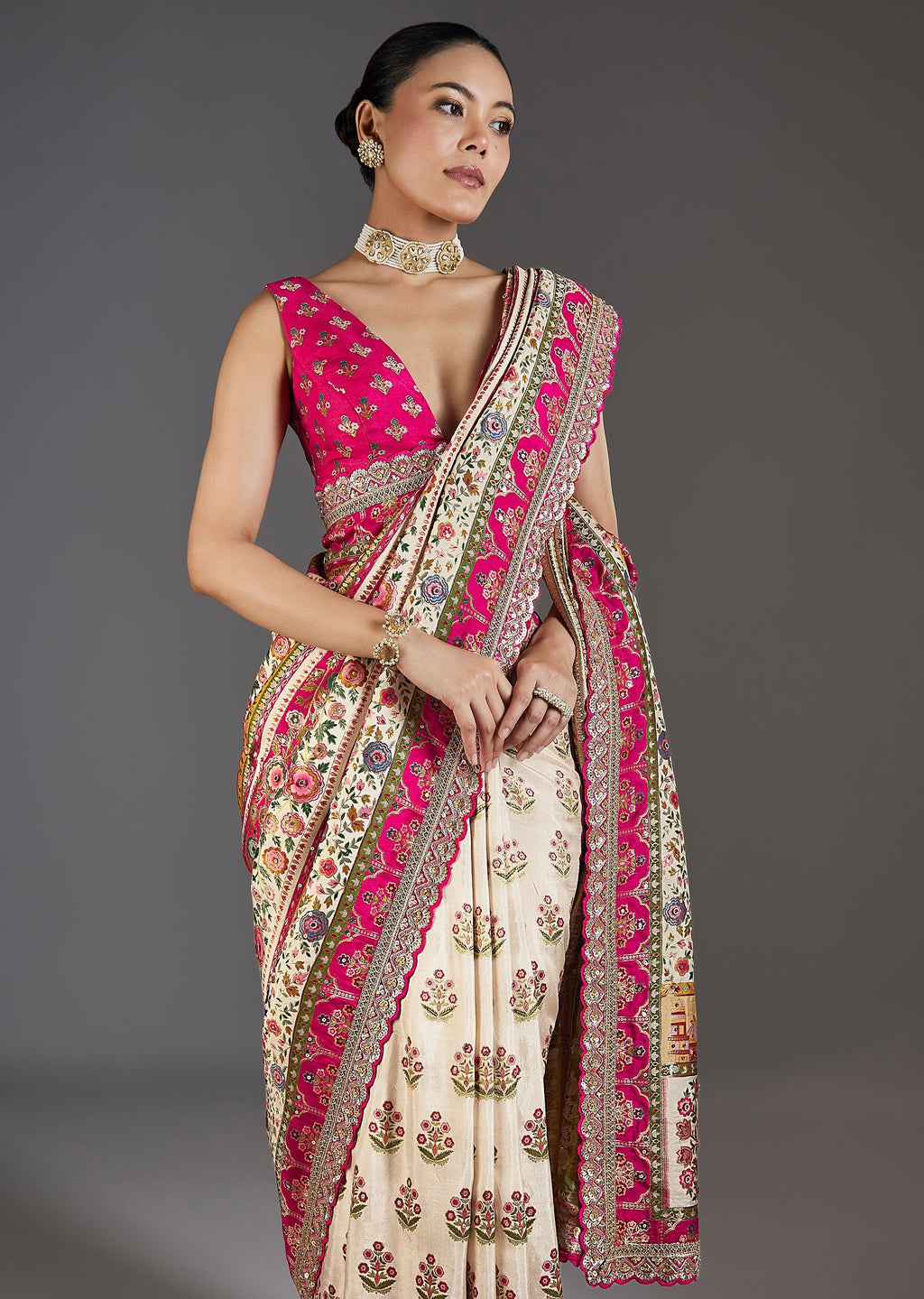 Cream Dola Silk Floral Printed Saree