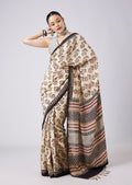 Cream Tassel Border Printed Saree with Unstitched Blouse