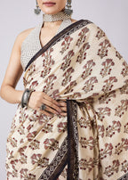 Cream Tassel Border Printed Saree with Unstitched Blouse