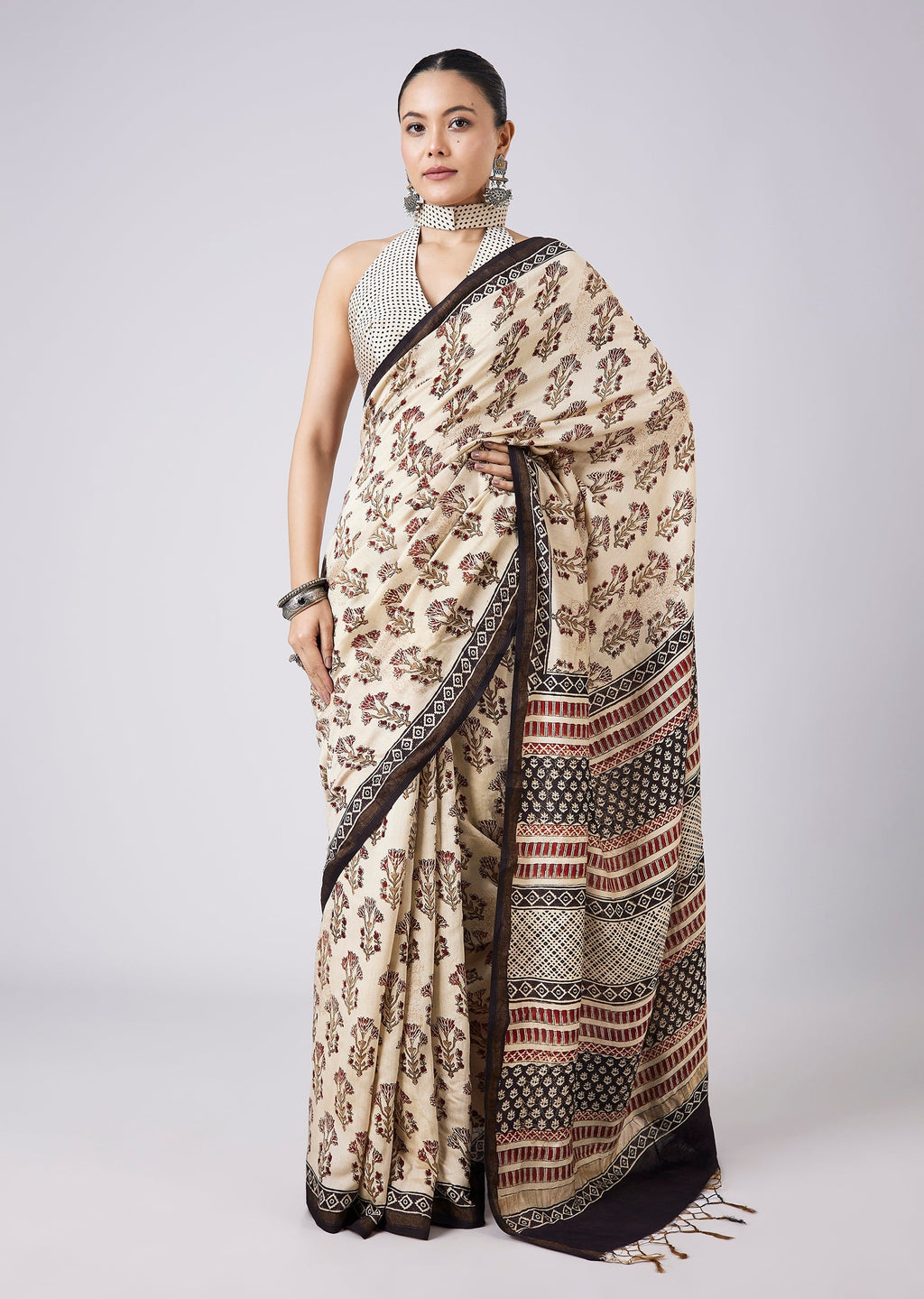 Cream Tassel Border Printed Saree with Unstitched Blouse