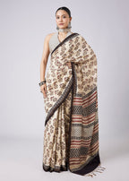 Cream Tassel Border Printed Saree with Unstitched Blouse