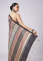 Cream Tassel Border Printed Saree with Unstitched Blouse
