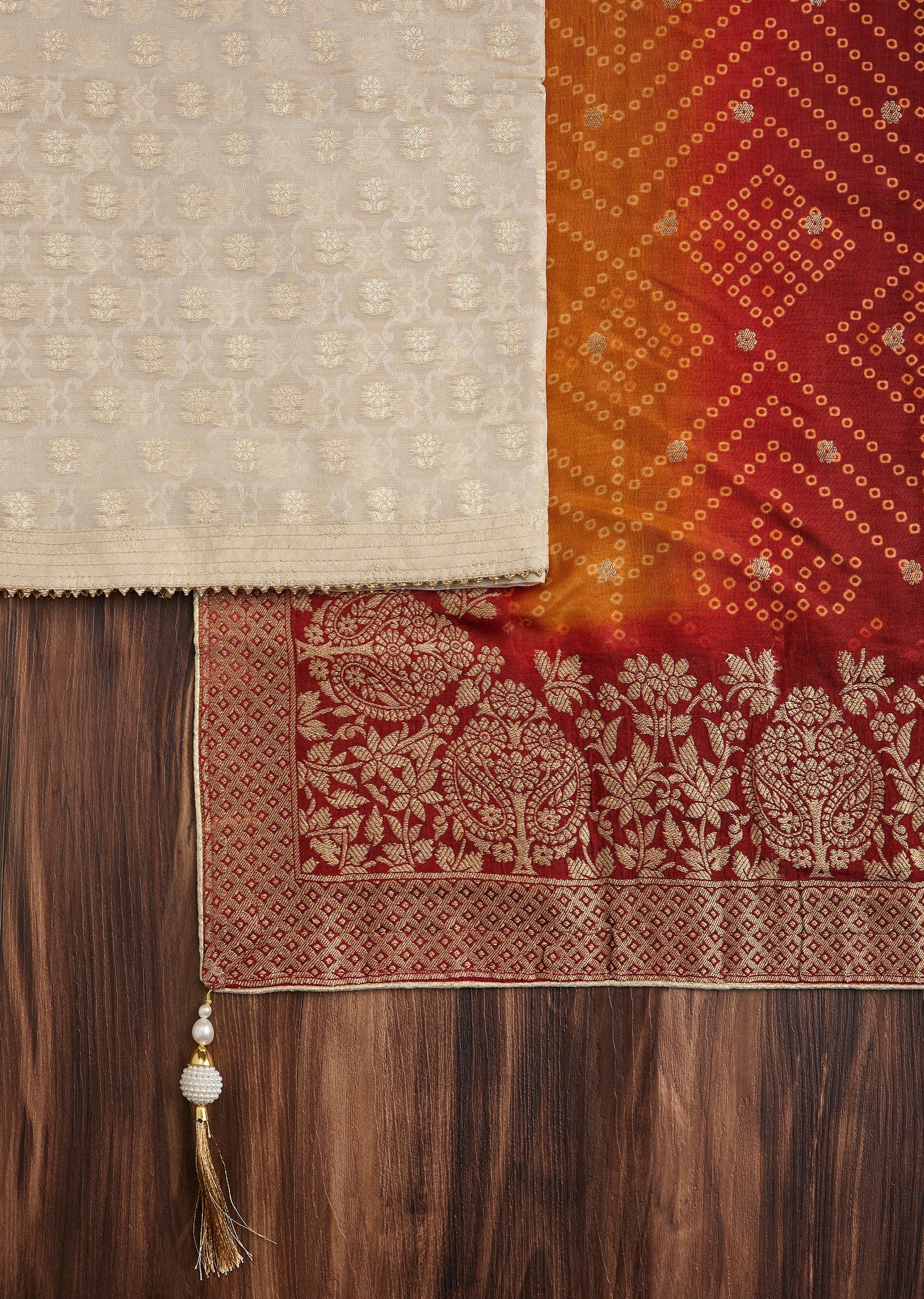 Cream Tissue Unstitched Suit with Bandhani Dupatta