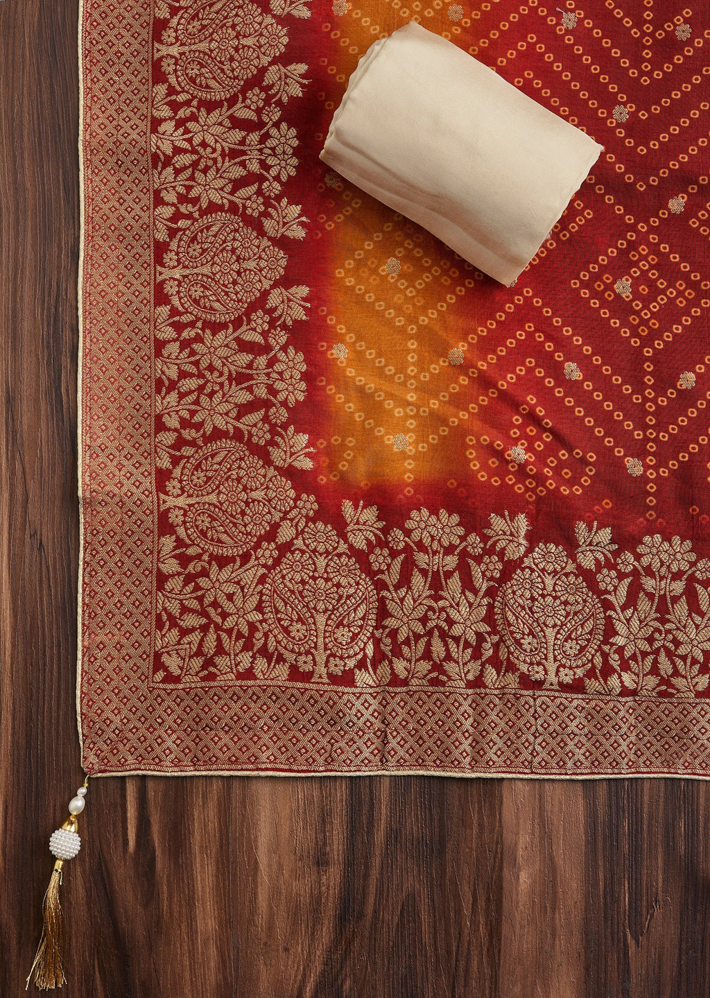 Cream Tissue Unstitched Suit with Bandhani Dupatta