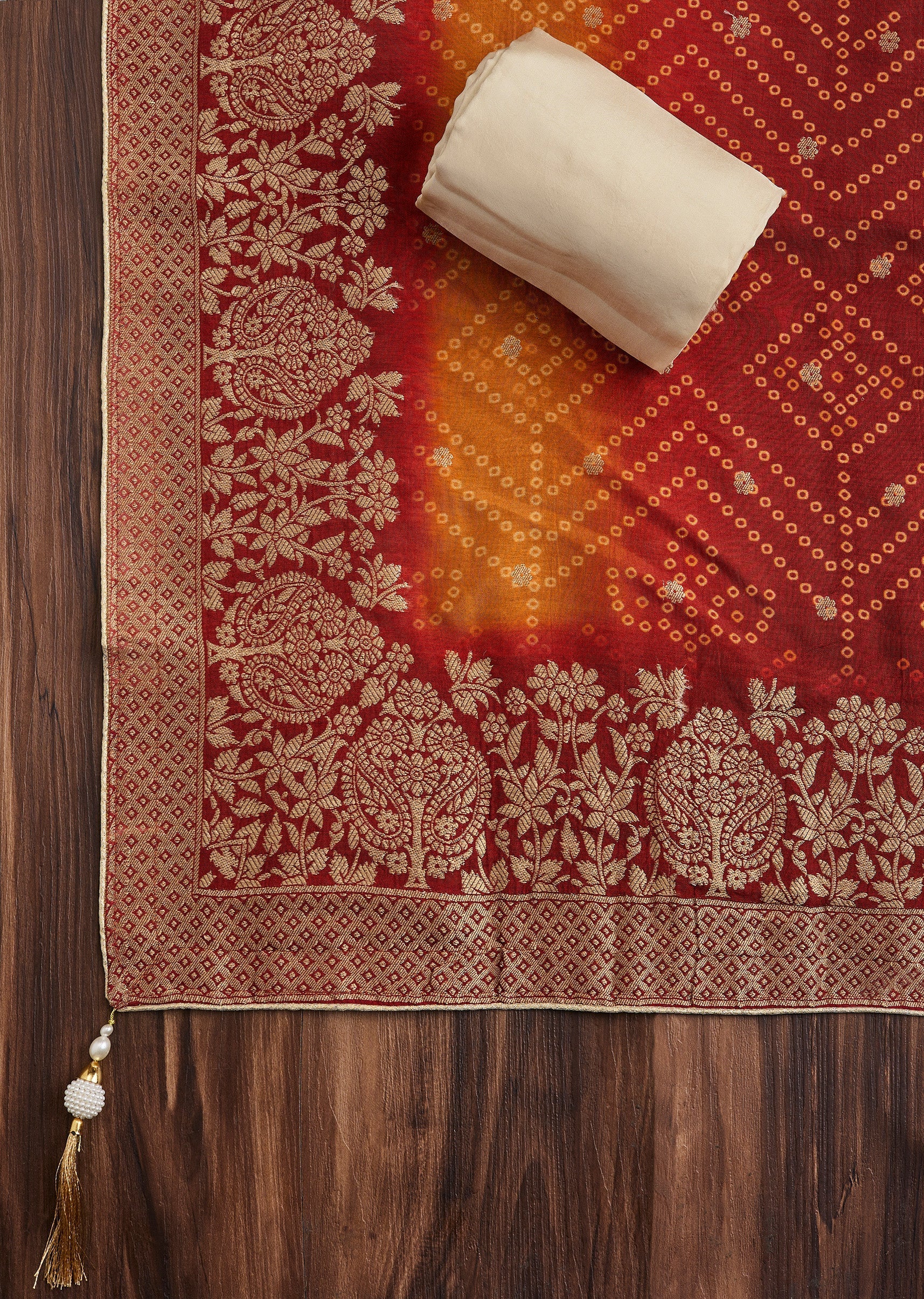 Cream Tissue Unstitched Suit with Bandhani Dupatta