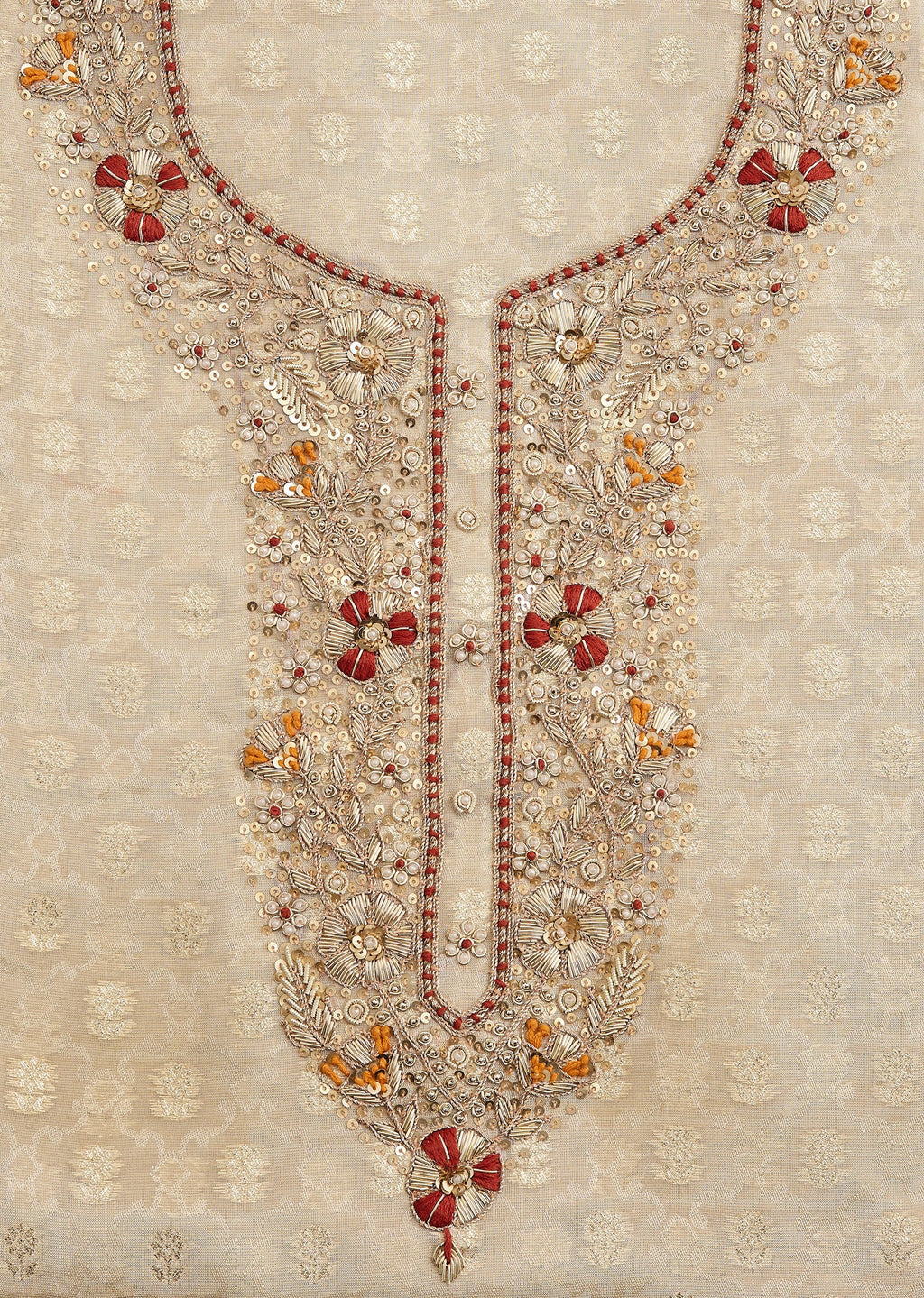 Cream Tissue Unstitched Suit with Bandhani Dupatta