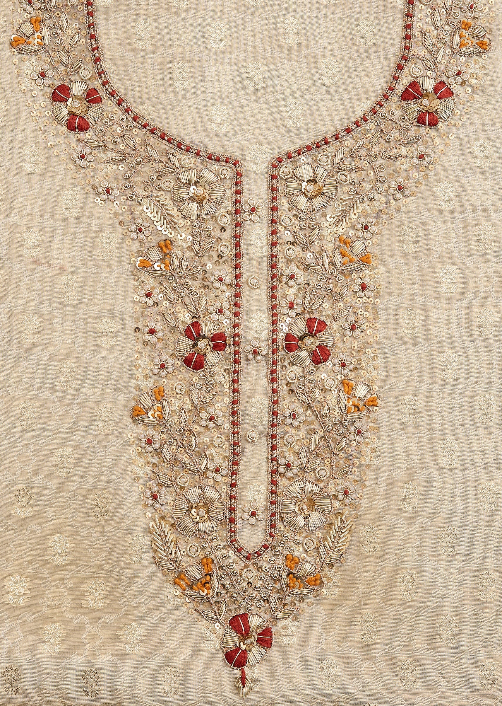 Cream Tissue Unstitched Suit with Bandhani Dupatta