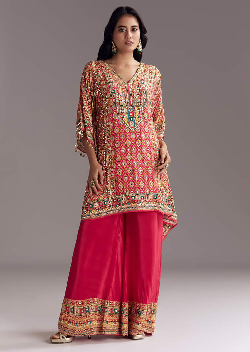 Crimson Red Printed Kaftaan Set