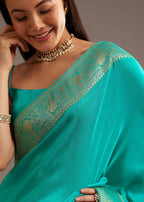 Cyan Dola Silk Saree With Zari Woven Border And Pallu