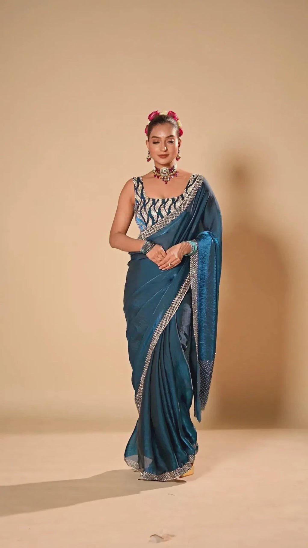 Royal Blue Tissue Silk Saree With Stone Work Border