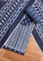 Dark Blue Cotton Printed Unstitched Suit Set