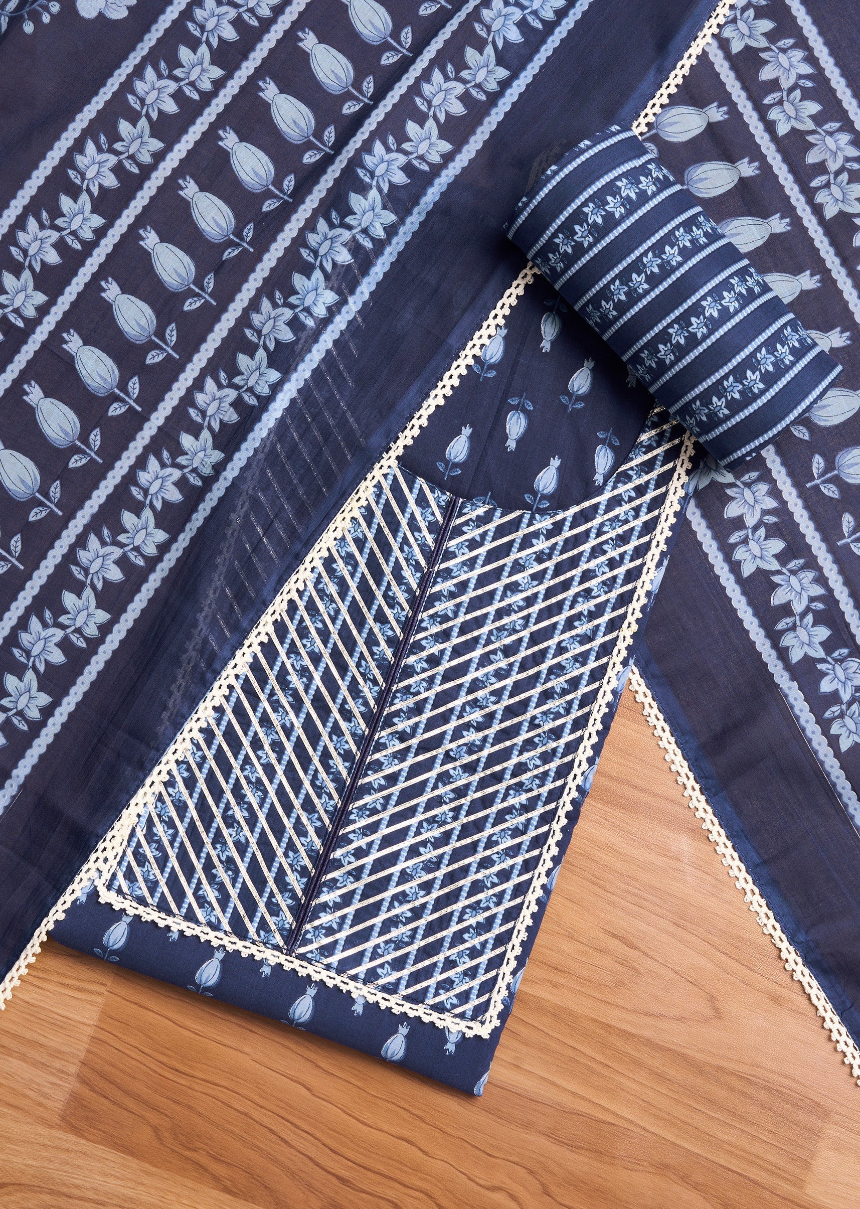 Dark Blue Cotton Printed Unstitched Suit Set