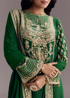 Dark Green Printed Crepe Palazzo Set With Keyhole Neckline