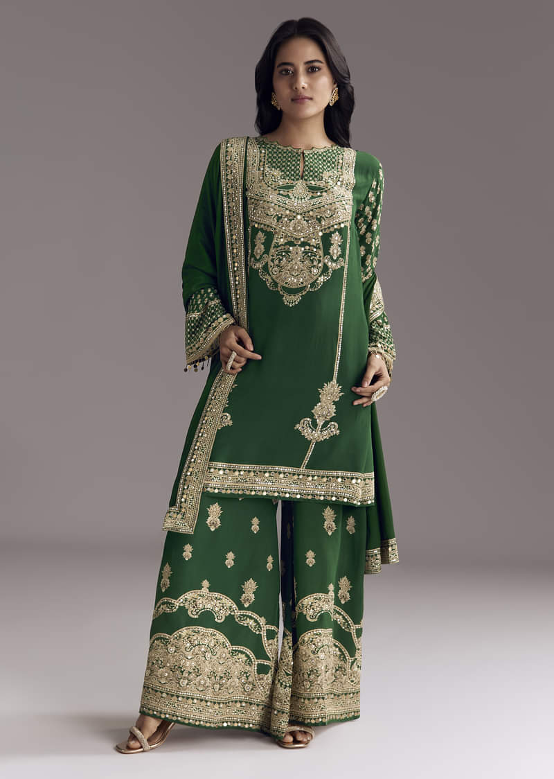 Dark Green Printed Crepe Palazzo Set With Keyhole Neckline