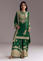 Dark Green Printed Crepe Palazzo Set With Keyhole Neckline
