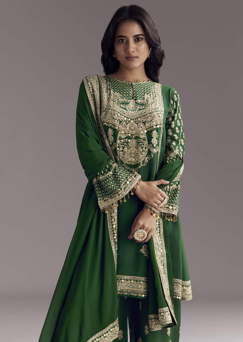 Dark Green Printed Crepe Palazzo Set With Keyhole Neckline
