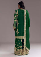 Dark Green Printed Crepe Palazzo Set With Keyhole Neckline