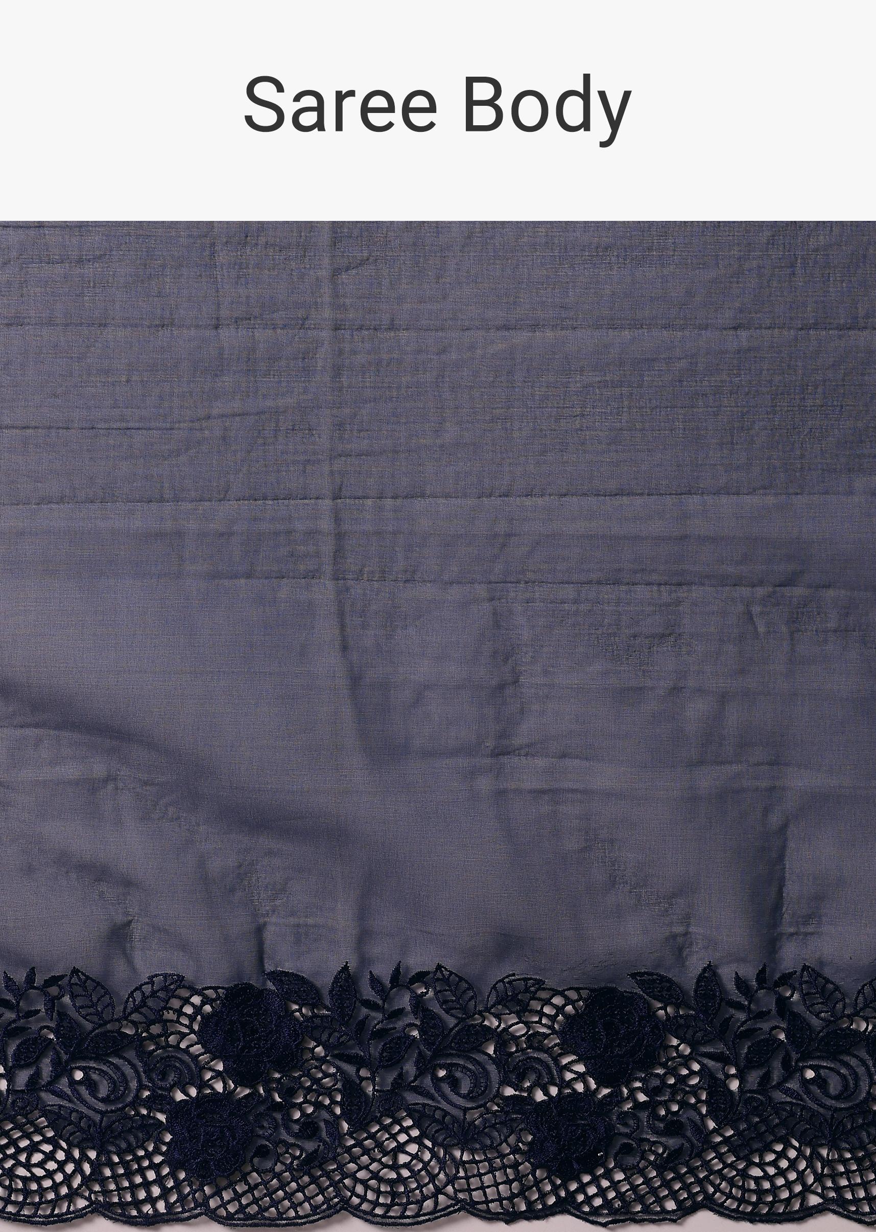 Dark Blue Organza Embroidered Saree With Unstitched Blouse