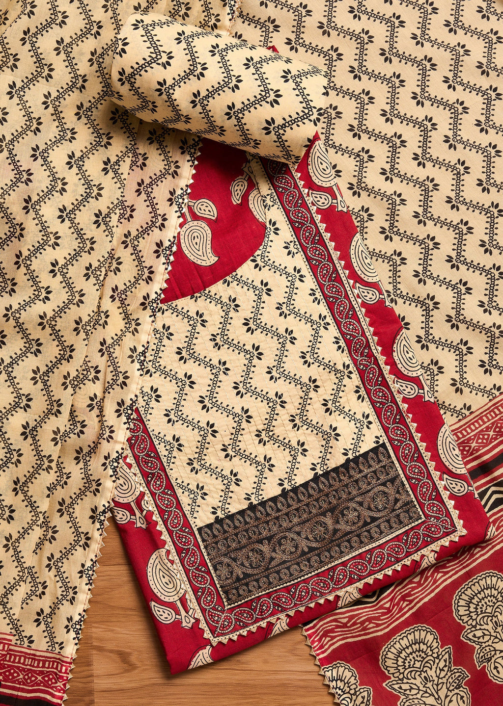 Deep Maroon Cotton Unstitched Suit