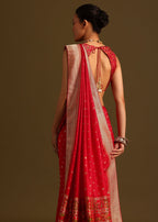 Dola Silk Red Bandhani Saree With Meenakari Border Pallu And Unstitched Blouse