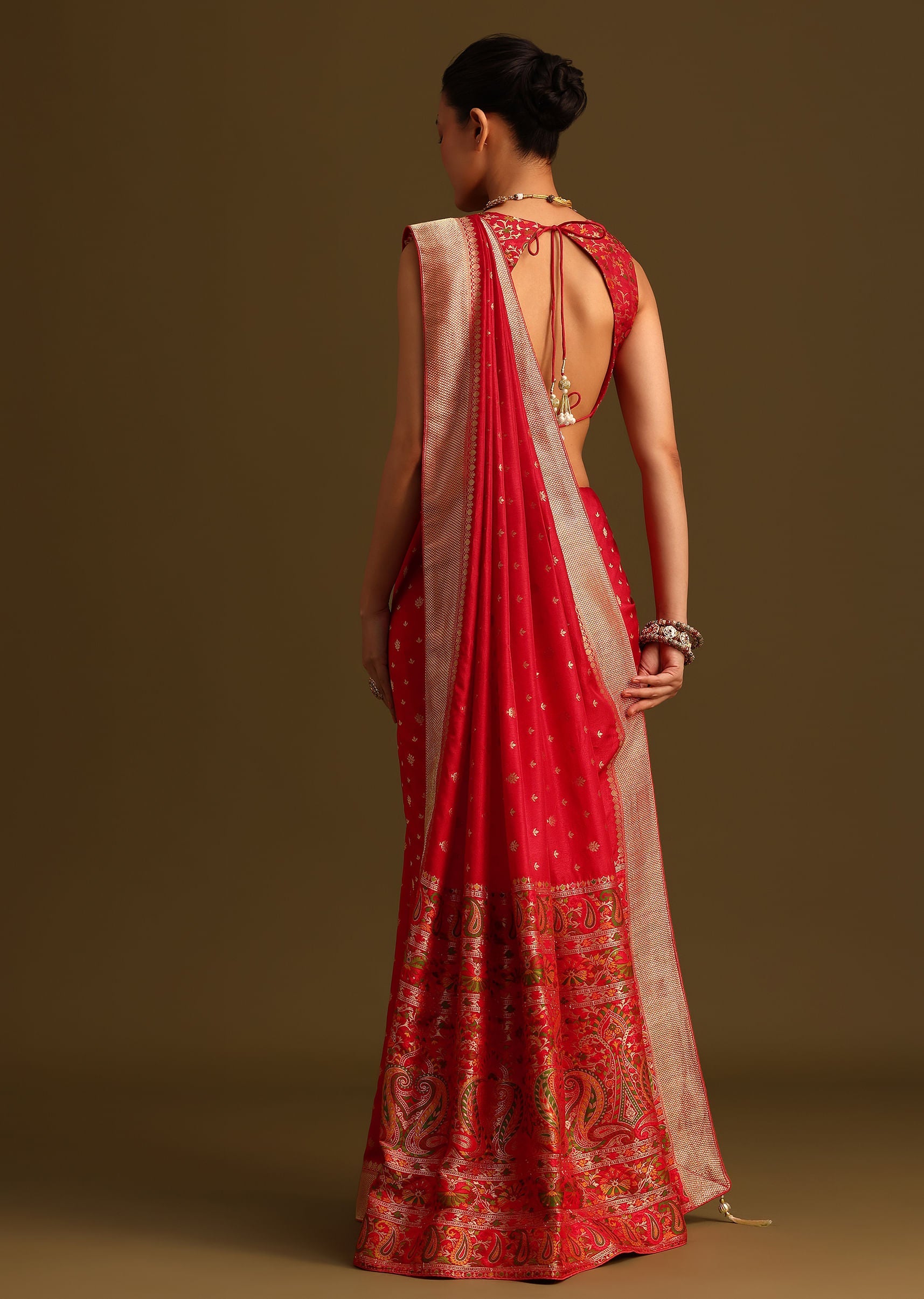 Dola Silk Red Bandhani Saree With Meenakari Border Pallu And Unstitched Blouse