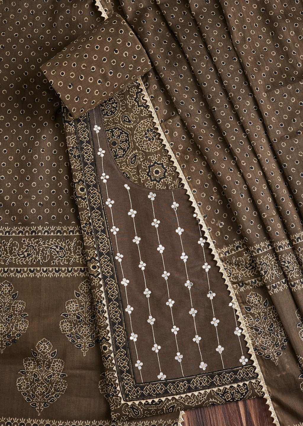Earthy Brown Cotton Block Printed Unstitched Suit Set