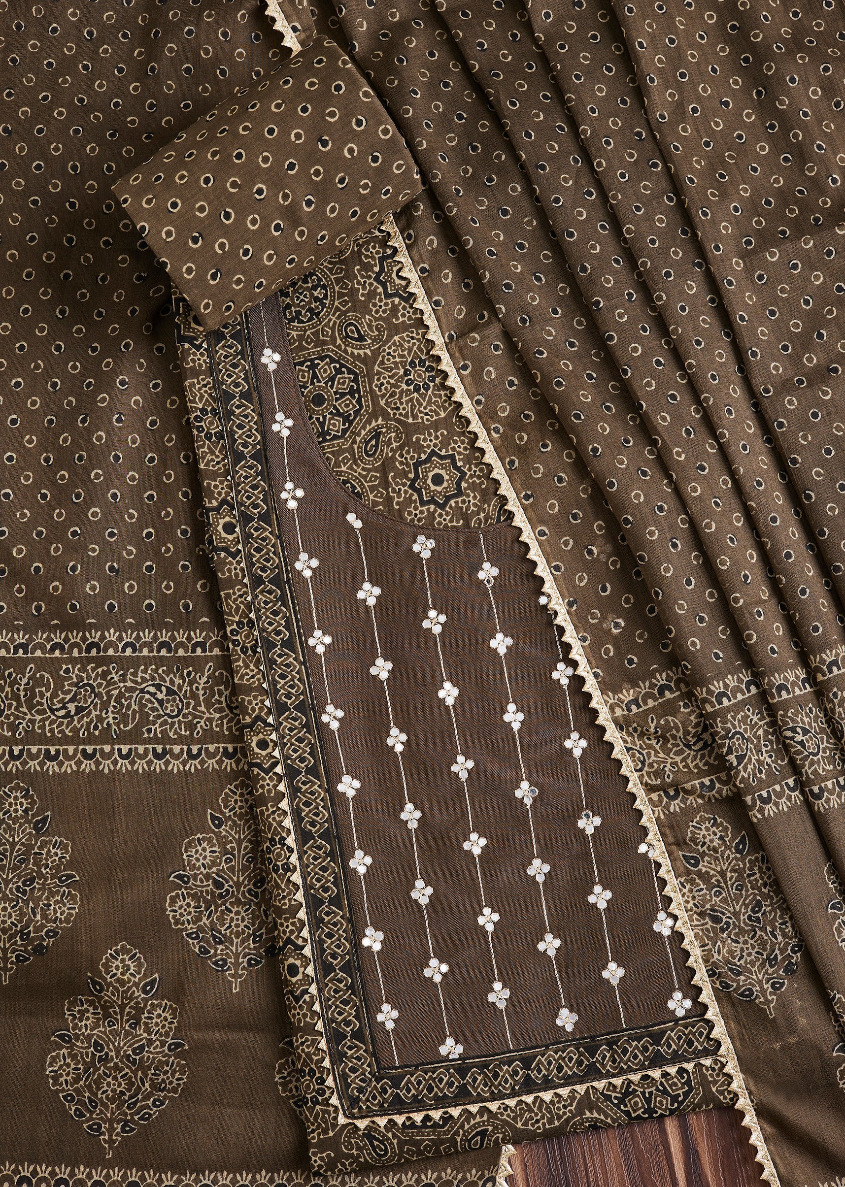 Earthy Brown Cotton Block Printed Unstitched Suit Set