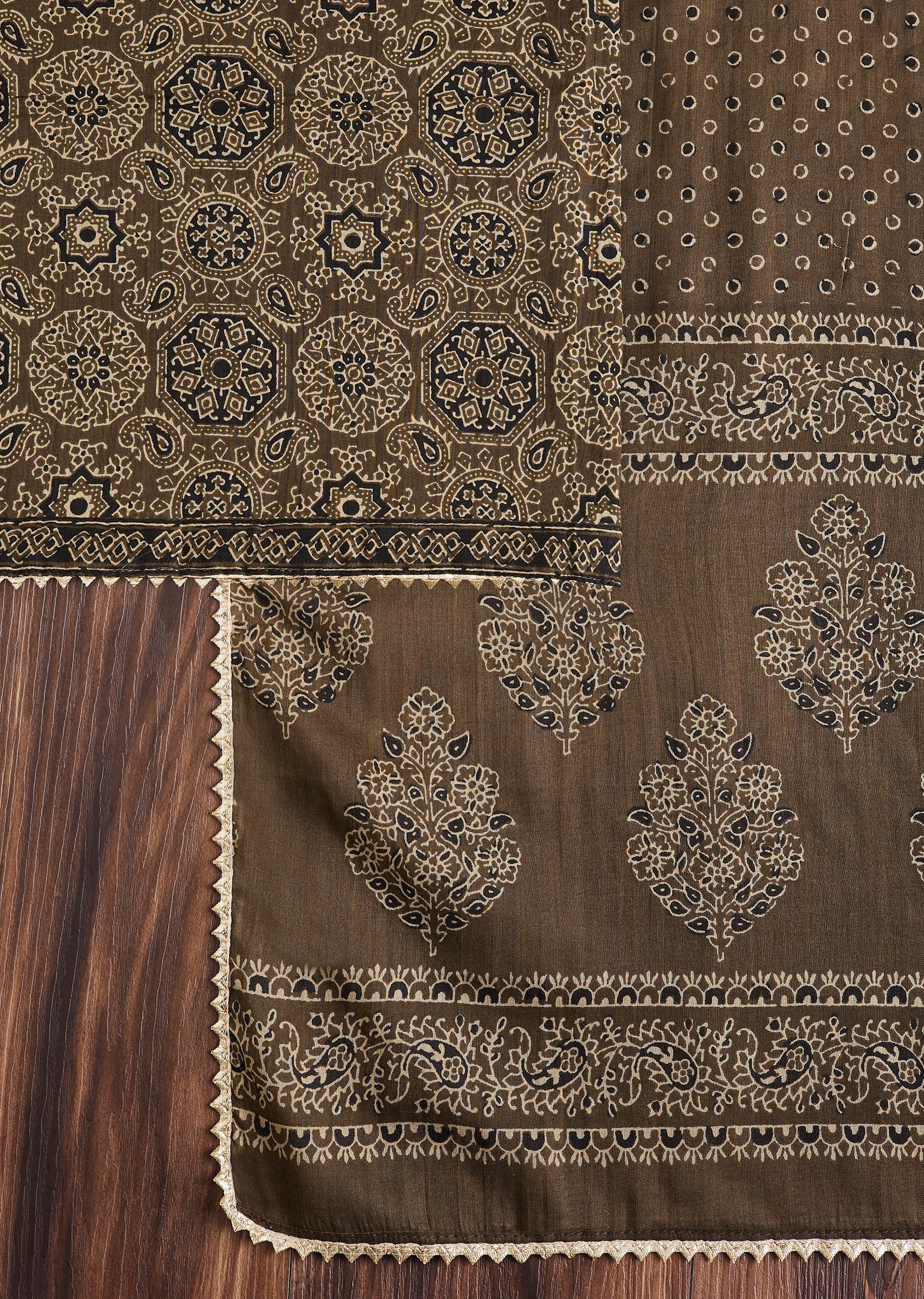 Earthy Brown Cotton Block Printed Unstitched Suit Set