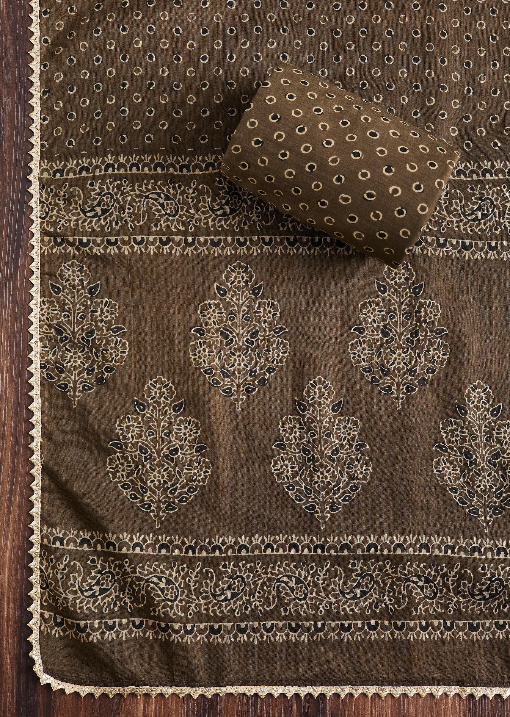 Earthy Brown Cotton Block Printed Unstitched Suit Set