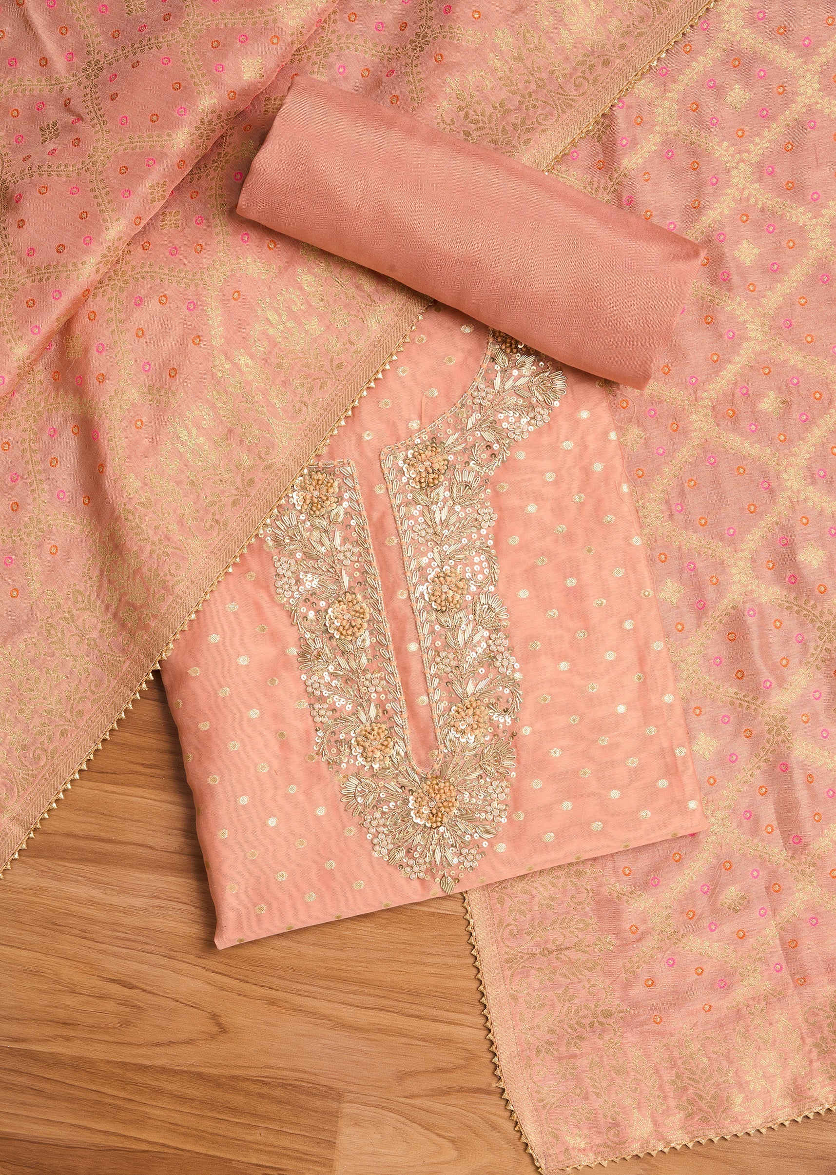 Elegant Peach Chanderi Suit Unstitched with Dupatta