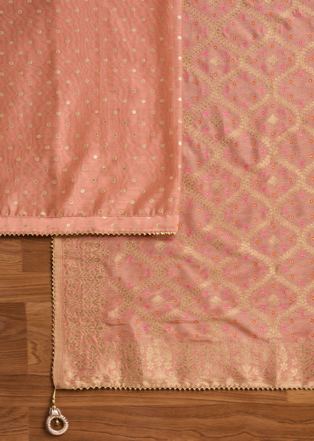 Elegant Peach Chanderi Suit Unstitched with Dupatta