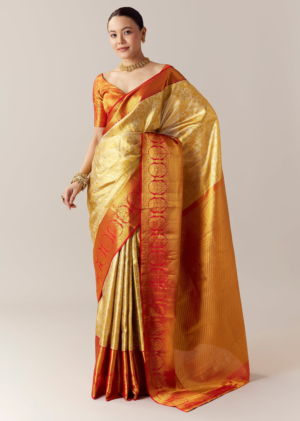 Gold Silk Kanjivaram Saree with Unstitched Blouse