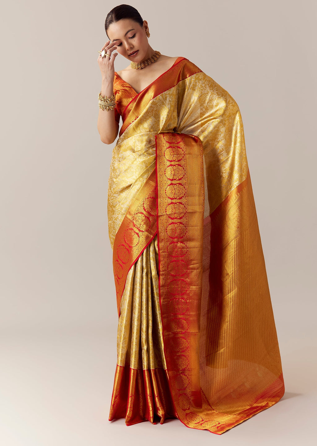 Gold Silk Kanjivaram Saree with Unstitched Blouse