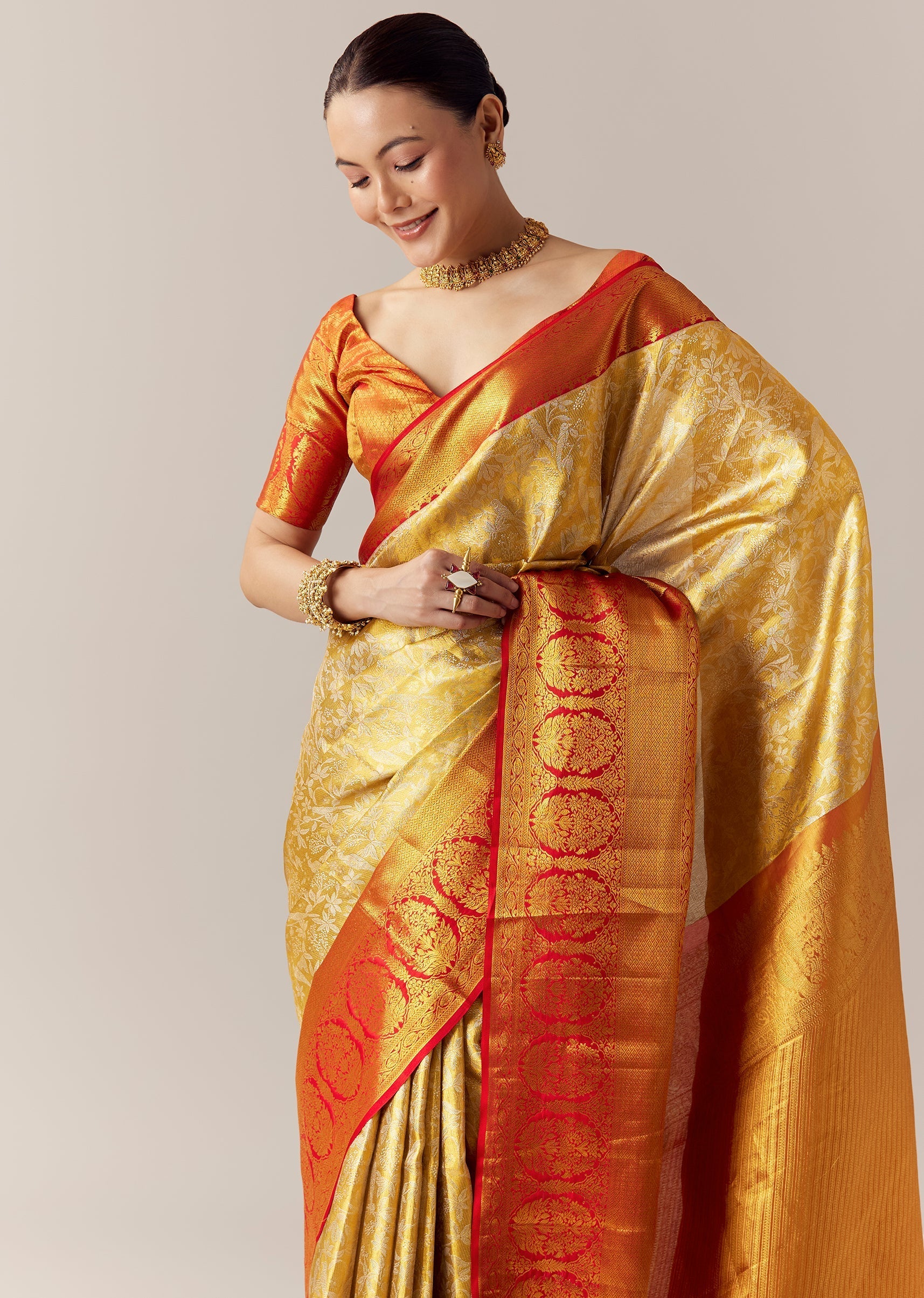 Gold Silk Kanjivaram Saree with Unstitched Blouse