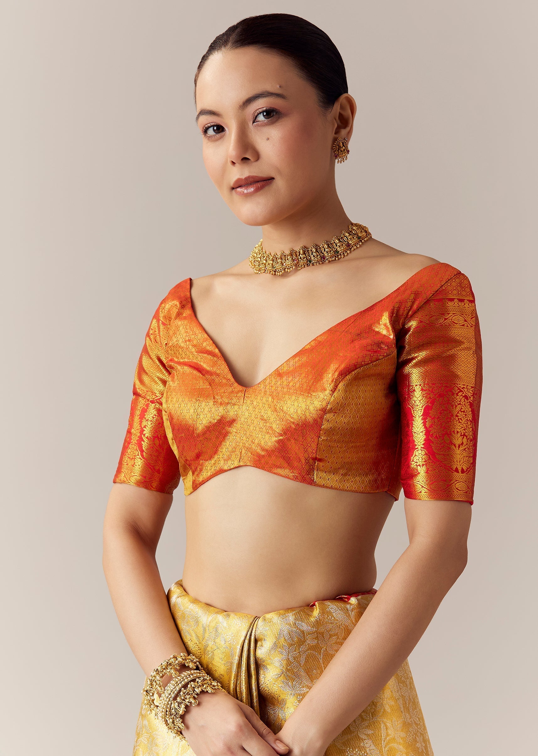 Gold Silk Kanjivaram Saree with Unstitched Blouse