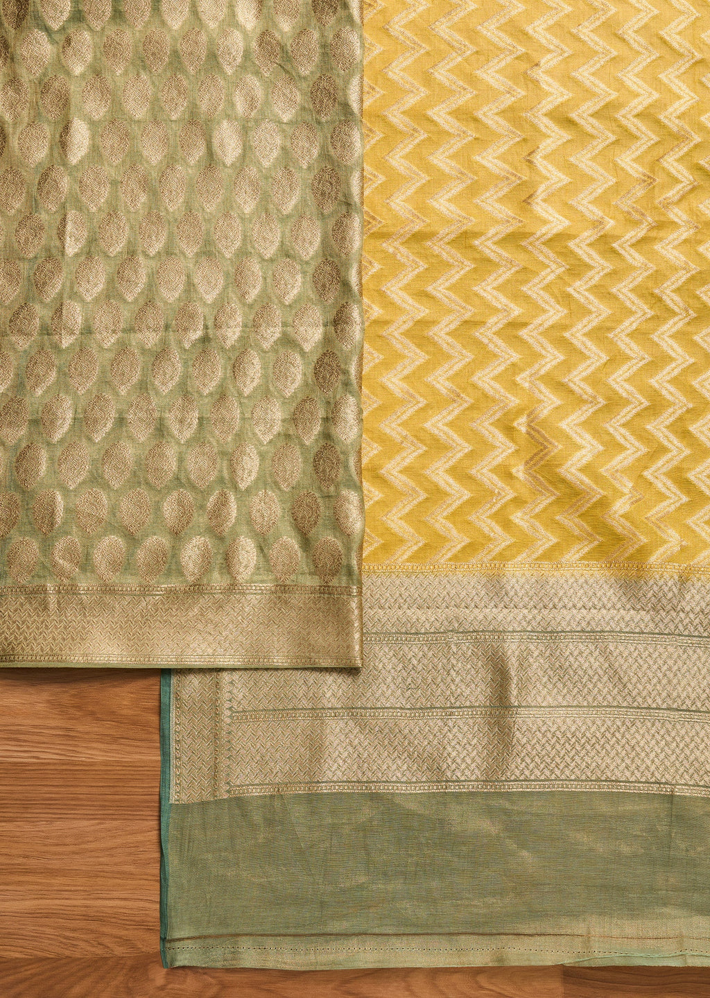 Green Brocade Banarasi Unstitched Suit With Dupatta