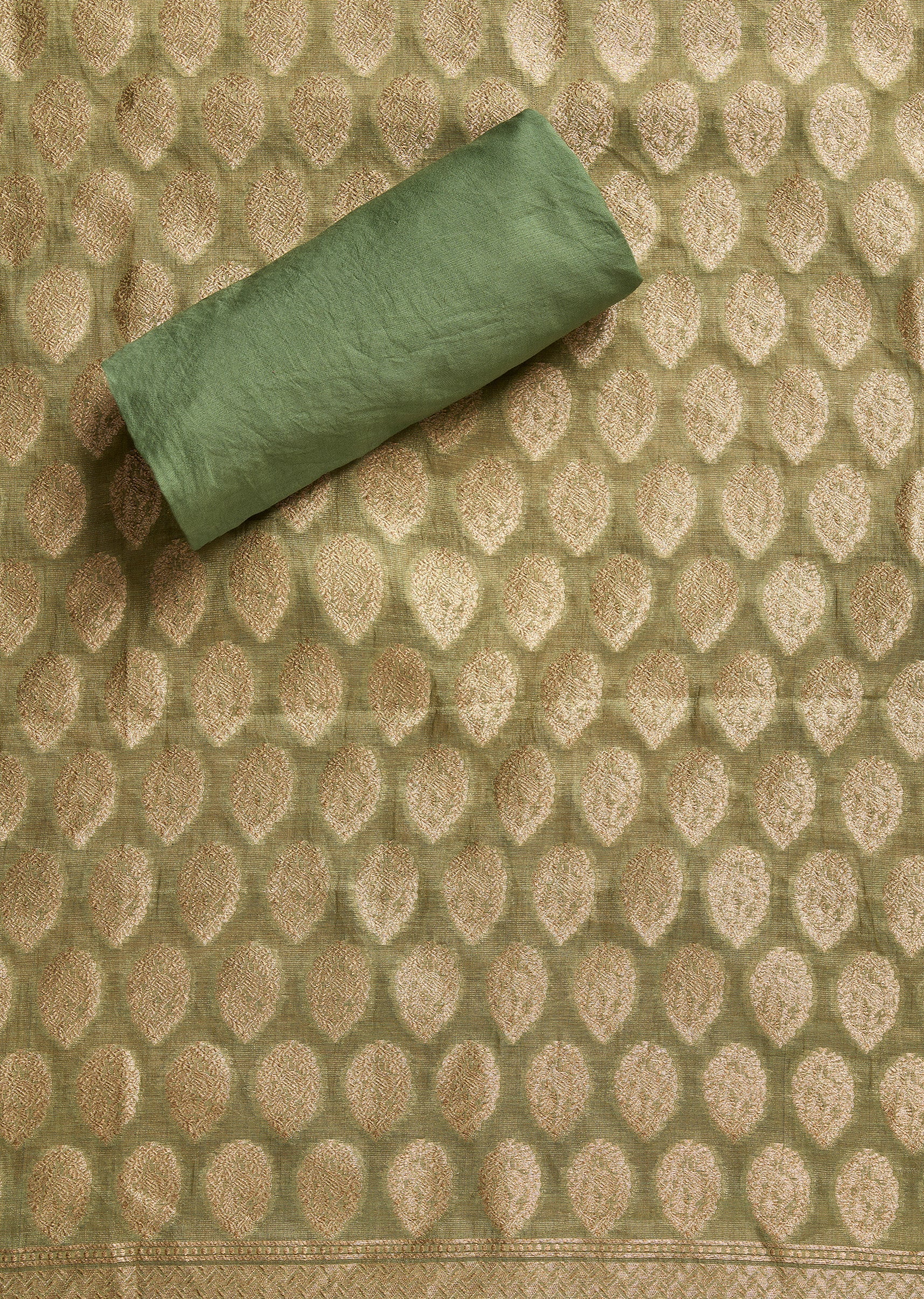 Green Brocade Banarasi Unstitched Suit With Dupatta