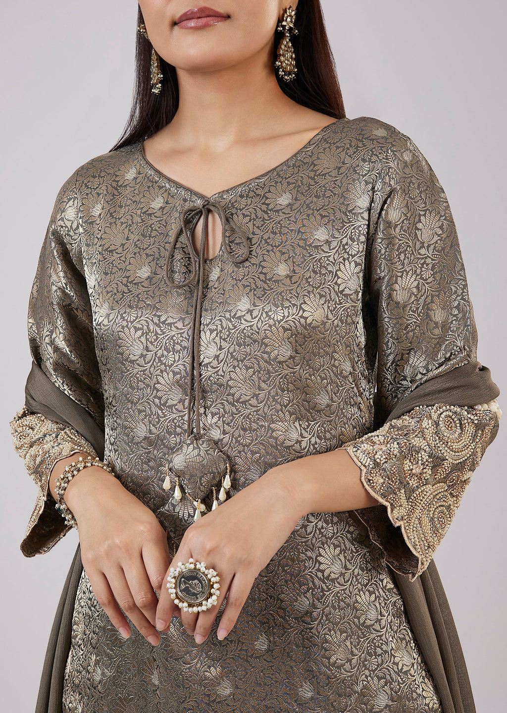 Green Brocade Kurta Set With Bead Work
