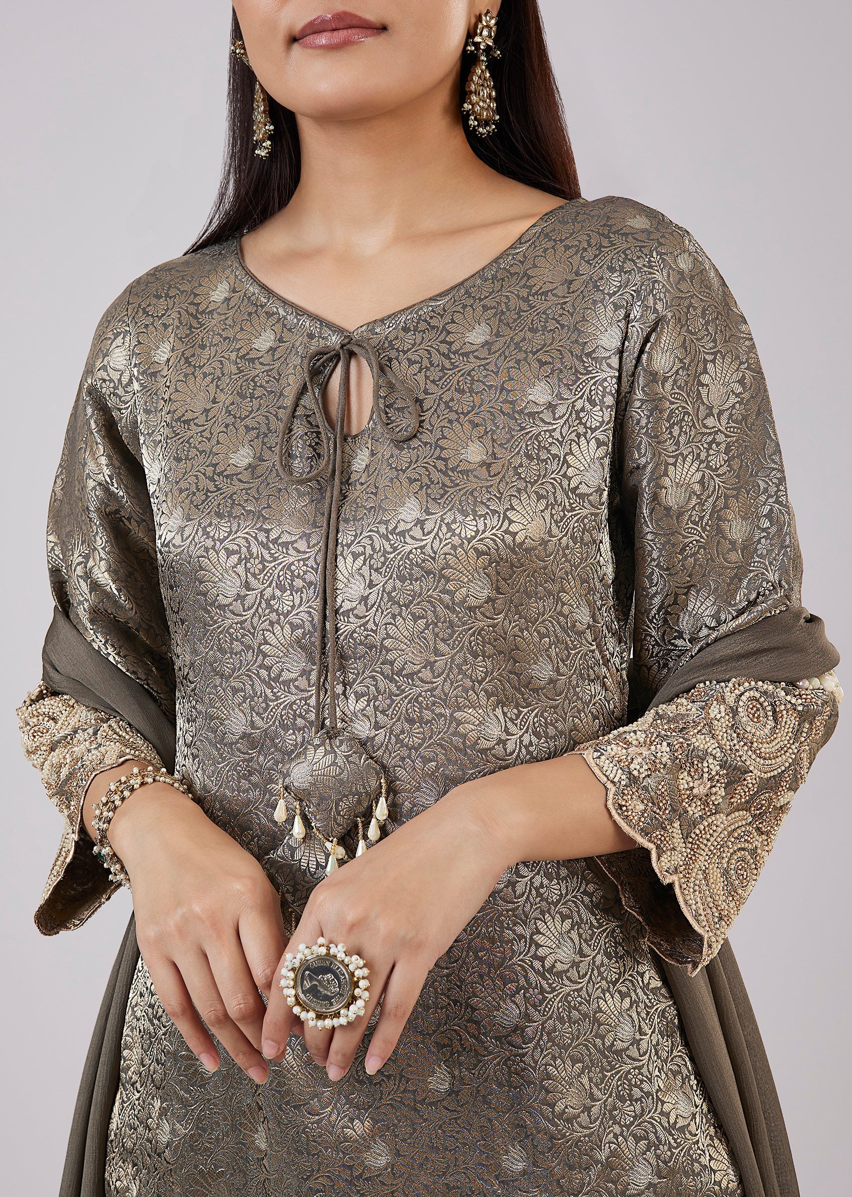 Green Brocade Kurta Set With Bead Work