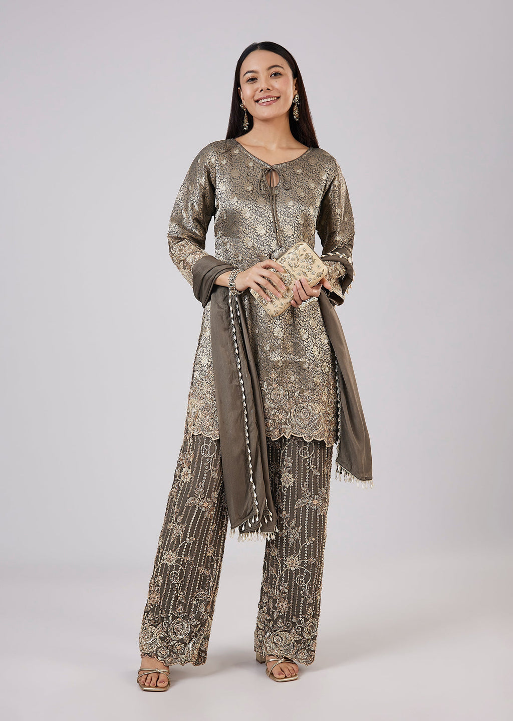 Green Brocade Kurta Set With Bead Work